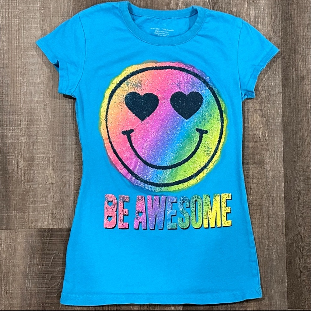 💞 Girls Medium (7-8) Blue “Be Awesome” Smiley Face Tee